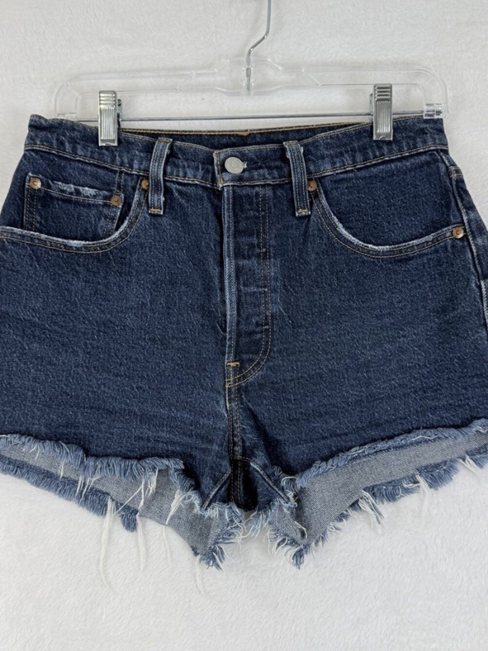 Levis 501 Jean Shorts Women 27 Button Fly Fringe 3 Blue Denim Premium Jeans